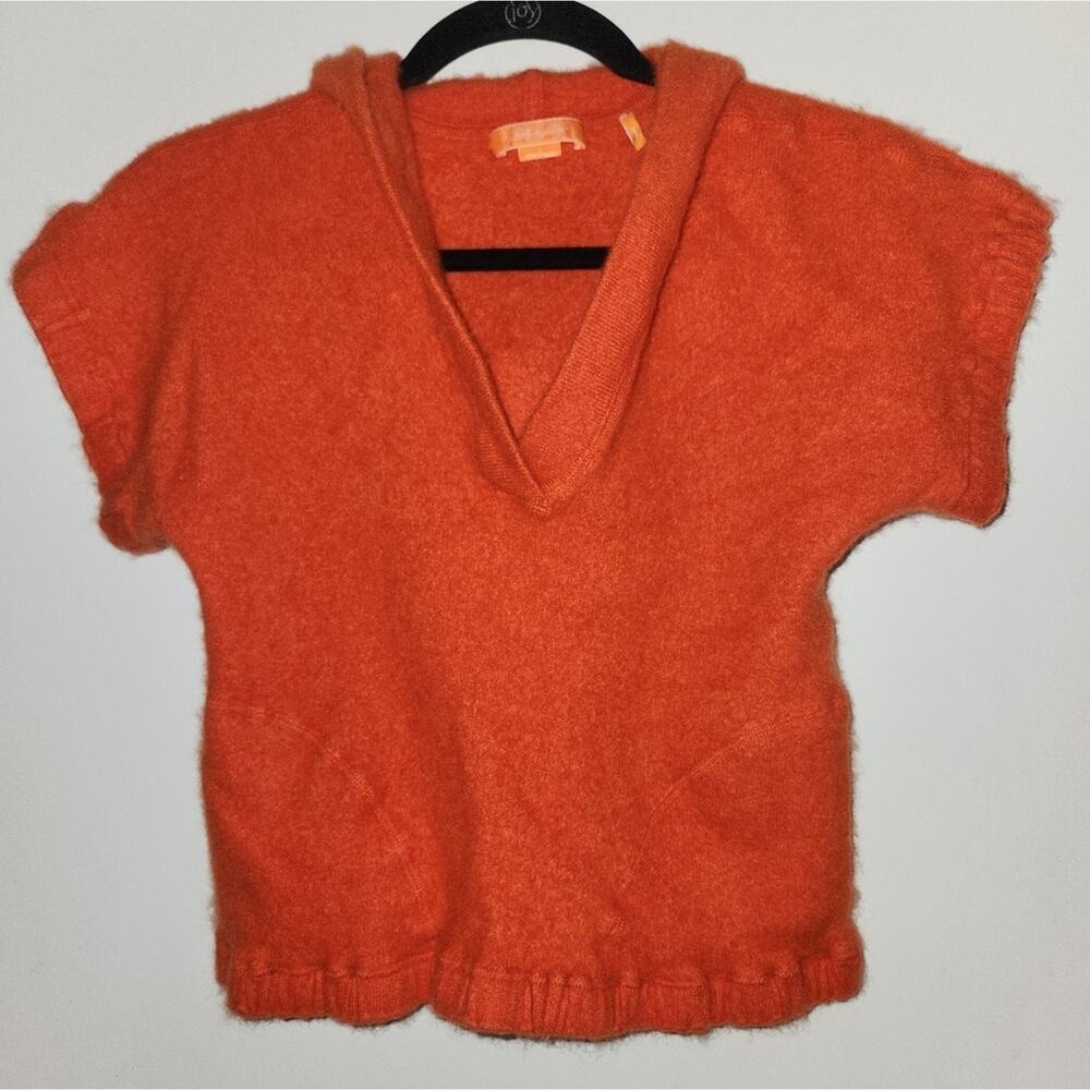 Orange Short Sleeve Hoodie Top V-Neck Pullover Cashmere Sweater